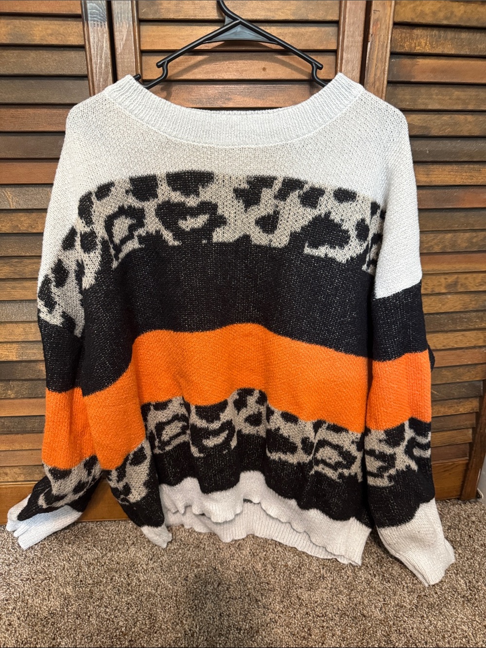 SHEIN Orange Black Cream Leopard-Print Colorblock Crewneck Sweater